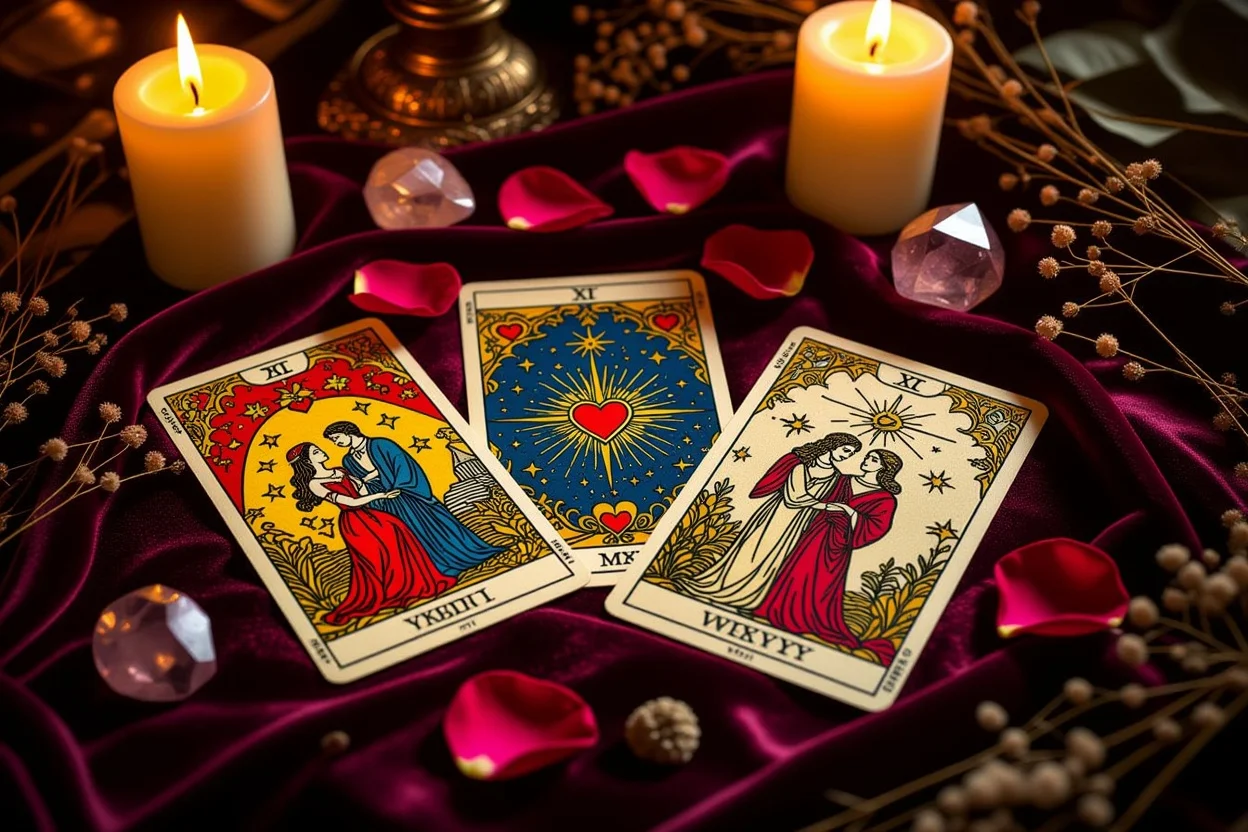 恋愛タロットカード3枚のスプレッド、キャンドルとバラの花びらに囲まれた神秘的な占いの様子