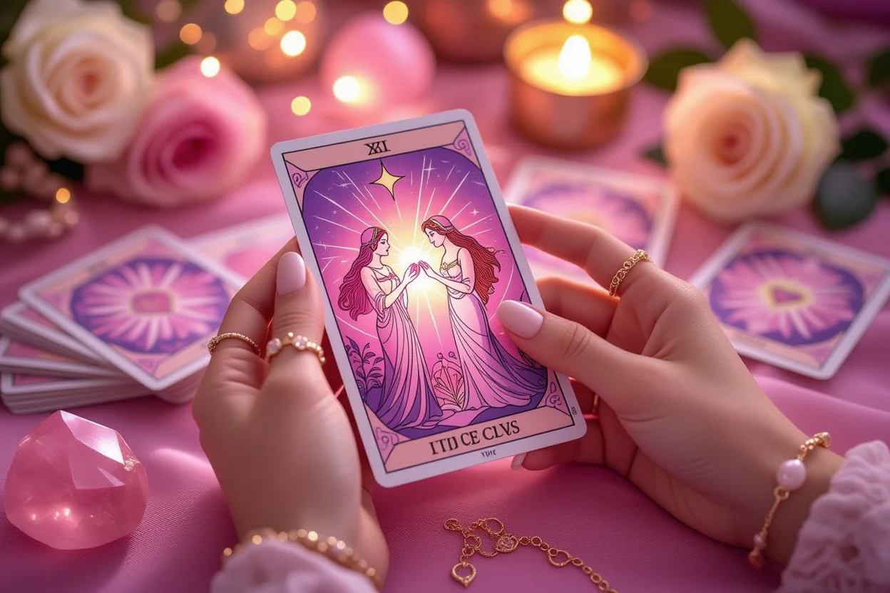 恋愛タロットカードを持つ手、ローズクォーツと白いバラに囲まれた親密で神秘的な雰囲気