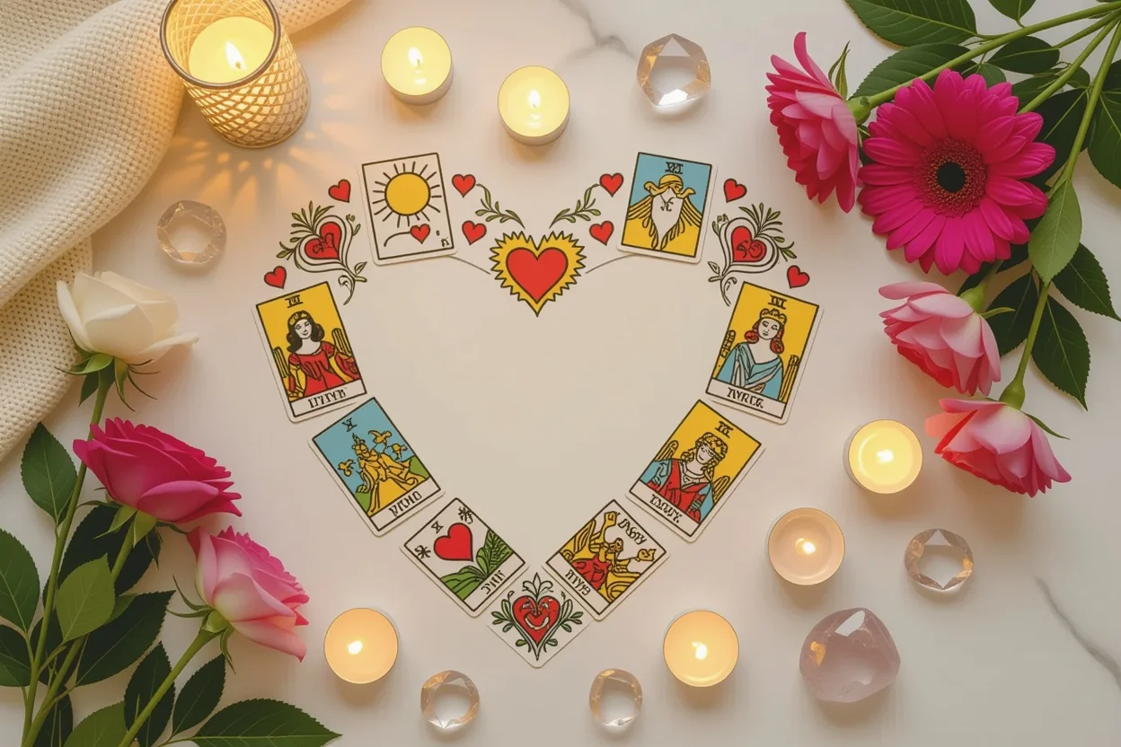 ハート型に並べられた恋愛タロットカードのスプレッド、ピンクと白の花とキャンドルで装飾された占いセット