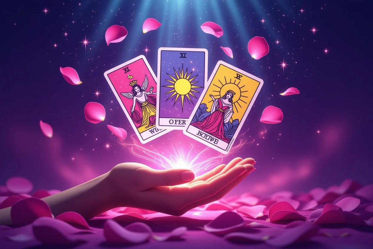 手のひらの上に浮かぶ恋愛タロットカード、光の筋とバラの花びらに包まれた超自然的で神秘的な光景