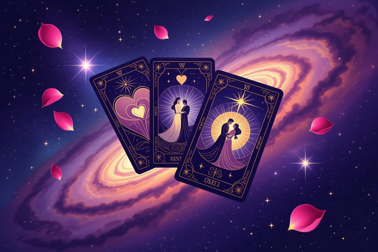 恋愛タロット占いの神秘的なカードと宇宙の愛の法則を表現した幻想的なイメージ