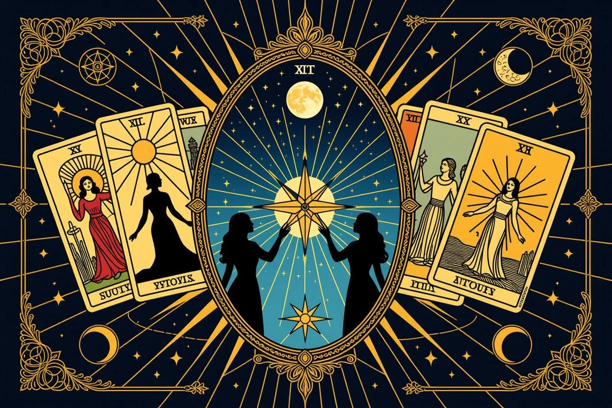 タロットカードが心の鏡と羅針盤として機能する様子を描いた神聖な占いイメージ