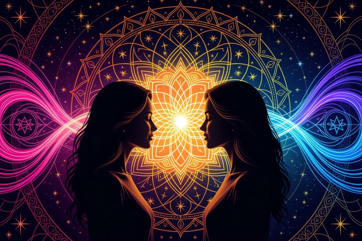 魂の共鳴と宇宙の愛の法則を表現した二人の魂の繋がりを描いた幻想的なイラスト