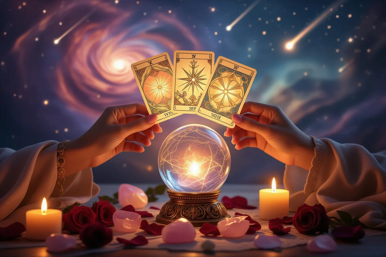 恋愛の未来を占うタロットリーディングの神秘的で希望に満ちた占い風景