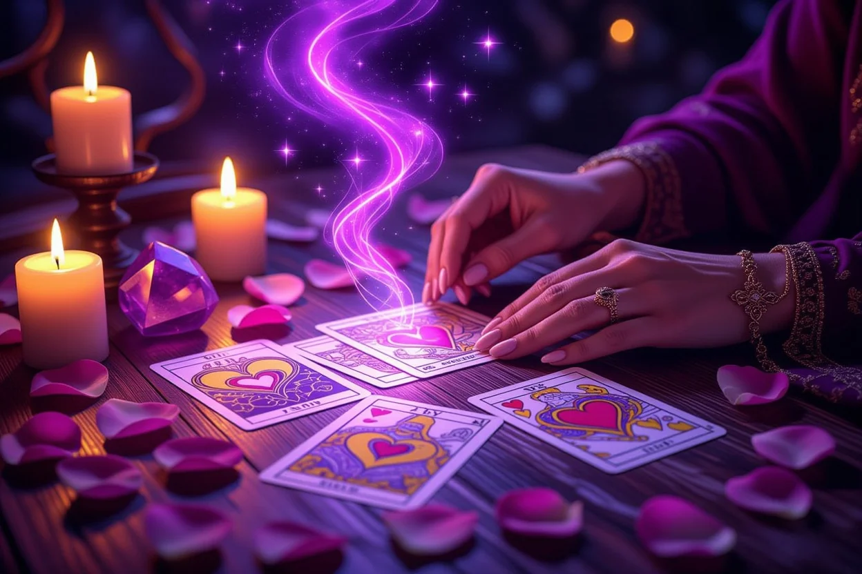 恋愛タロット占いの神秘的なシーン、キャンドルとクリスタルに囲まれたタロットカード