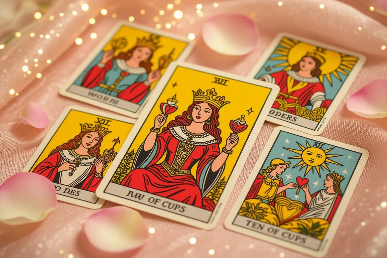 恋愛関係を示すタロットカードスプレッド、ペンタクルのクイーンを中心とした配置