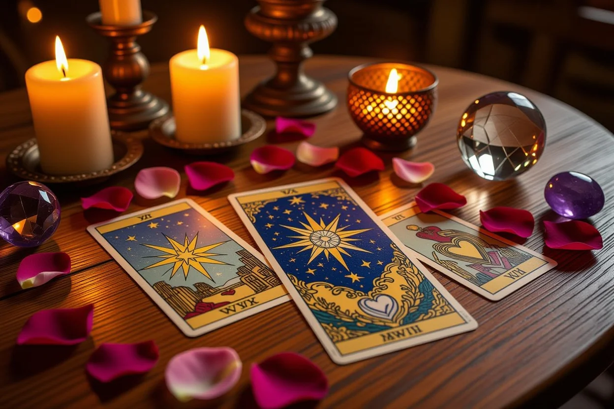 恋愛タロット占いのロマンチックな雰囲気の中でスプレッドされたタロットカード