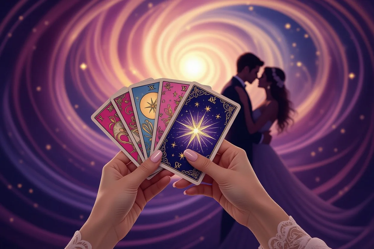 タロットカードを持つ手と運命の恋愛を示すミスティカルな背景