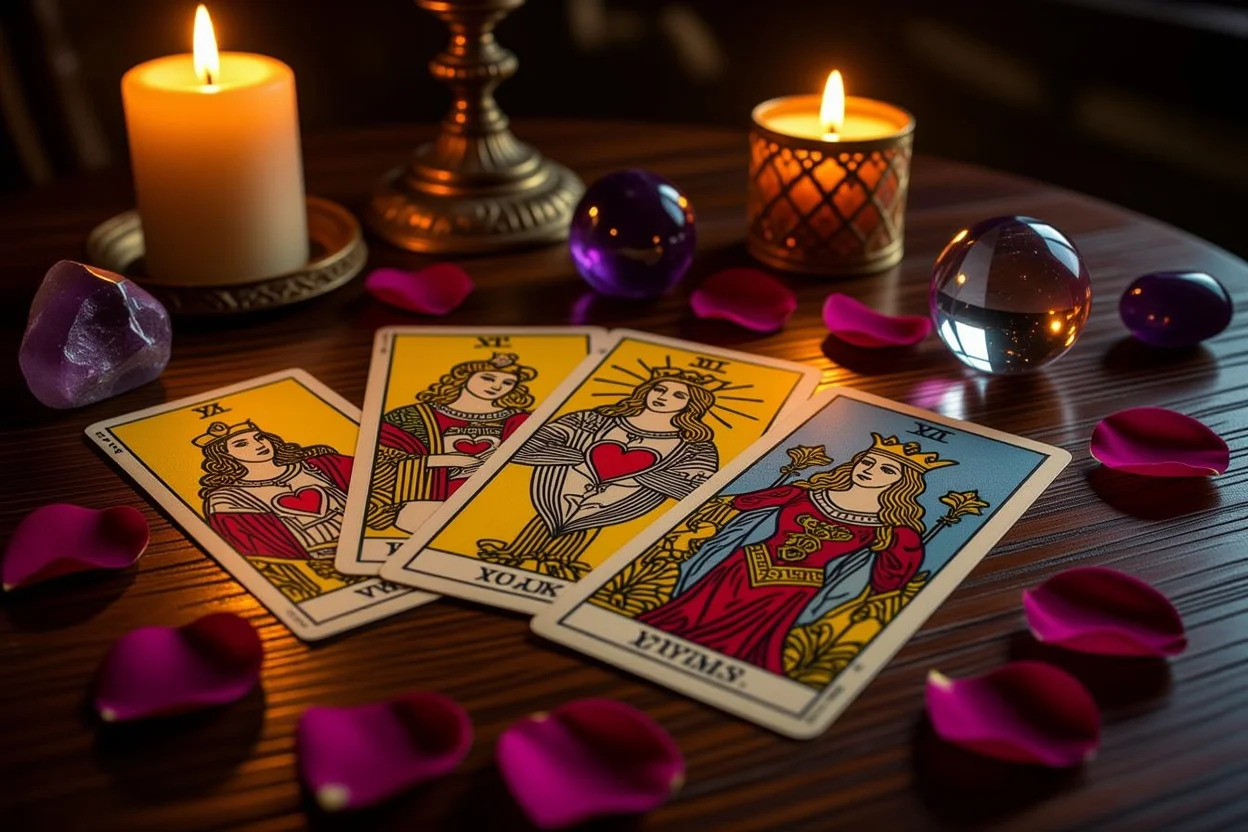 恋愛タロットカードと薔薇の花びら、キャンドルライトで照らされた神秘的なタロット占いのシーン