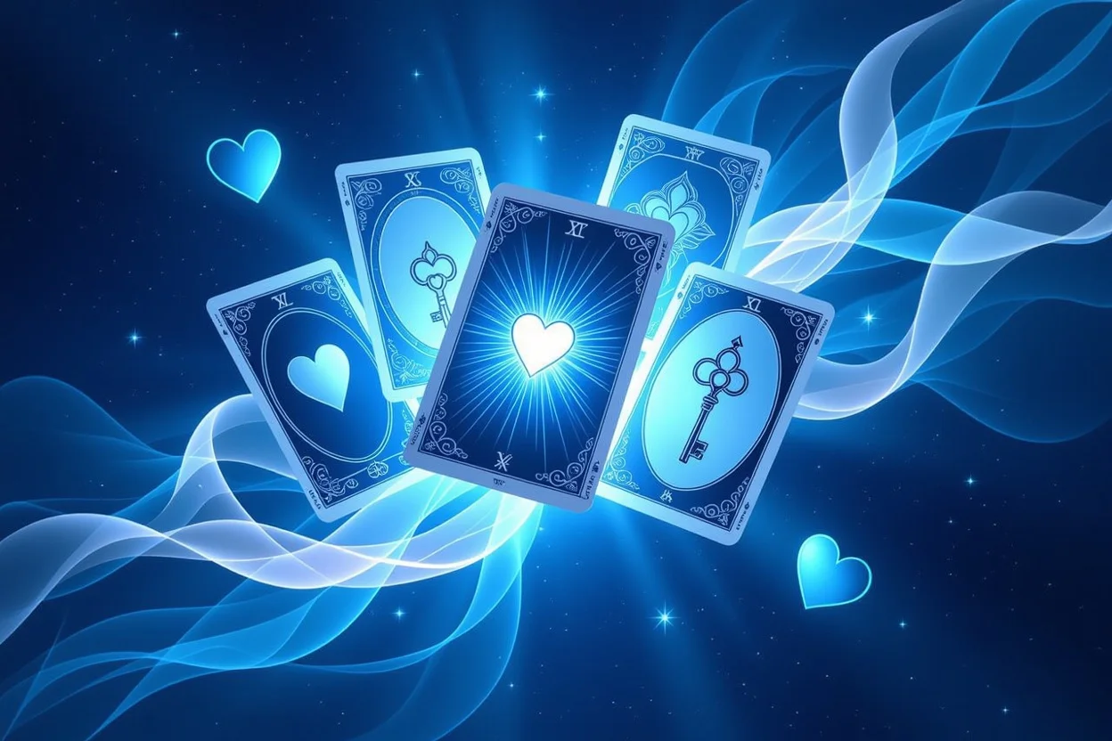 タロットカードの深層的な意味を表現した象徴的なアート、浮遊するカードと光のエフェクト