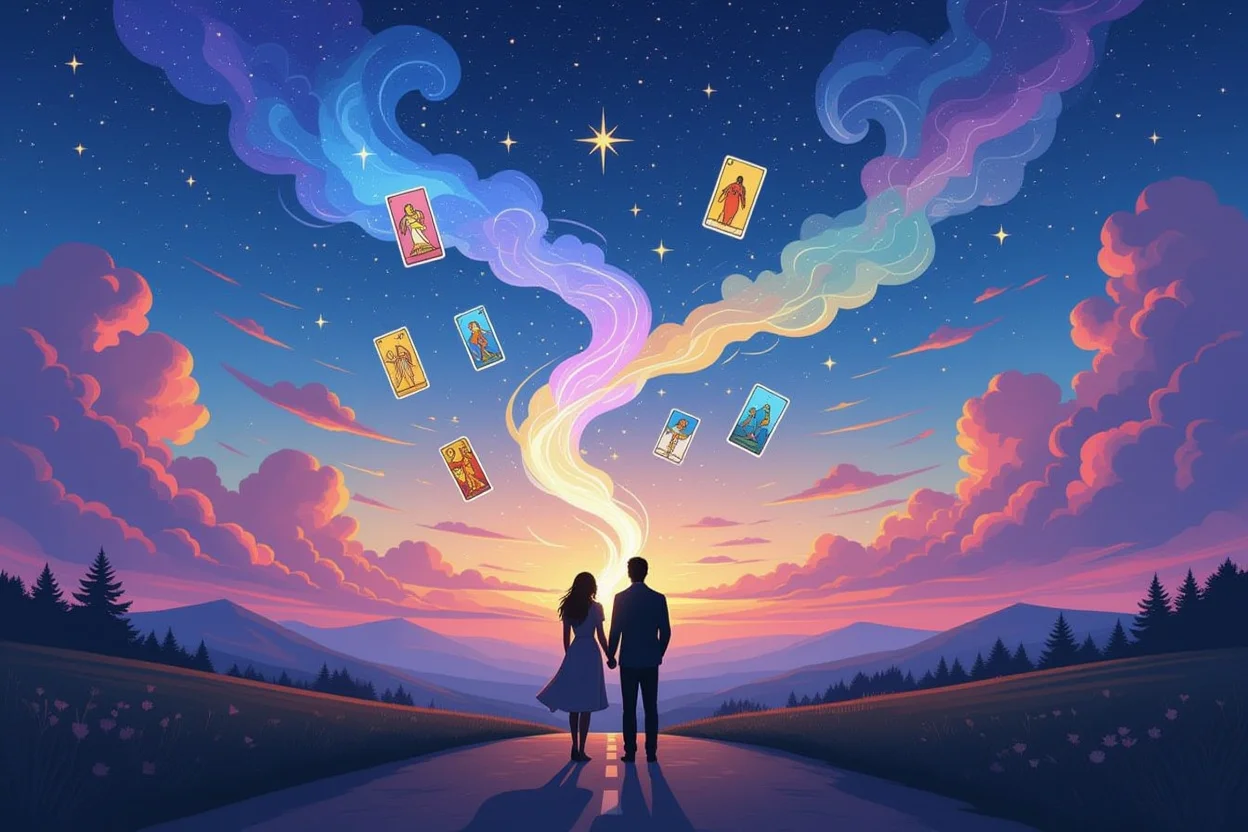 恋愛の感情の複雑さを表現した幻想的な風景、星空の下の二人のシルエットとタロットカード