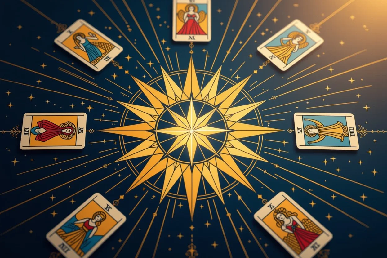 恋愛の羅針盤として機能するタロットカード、中央のラバーズカードから放射状に広がる導きの光