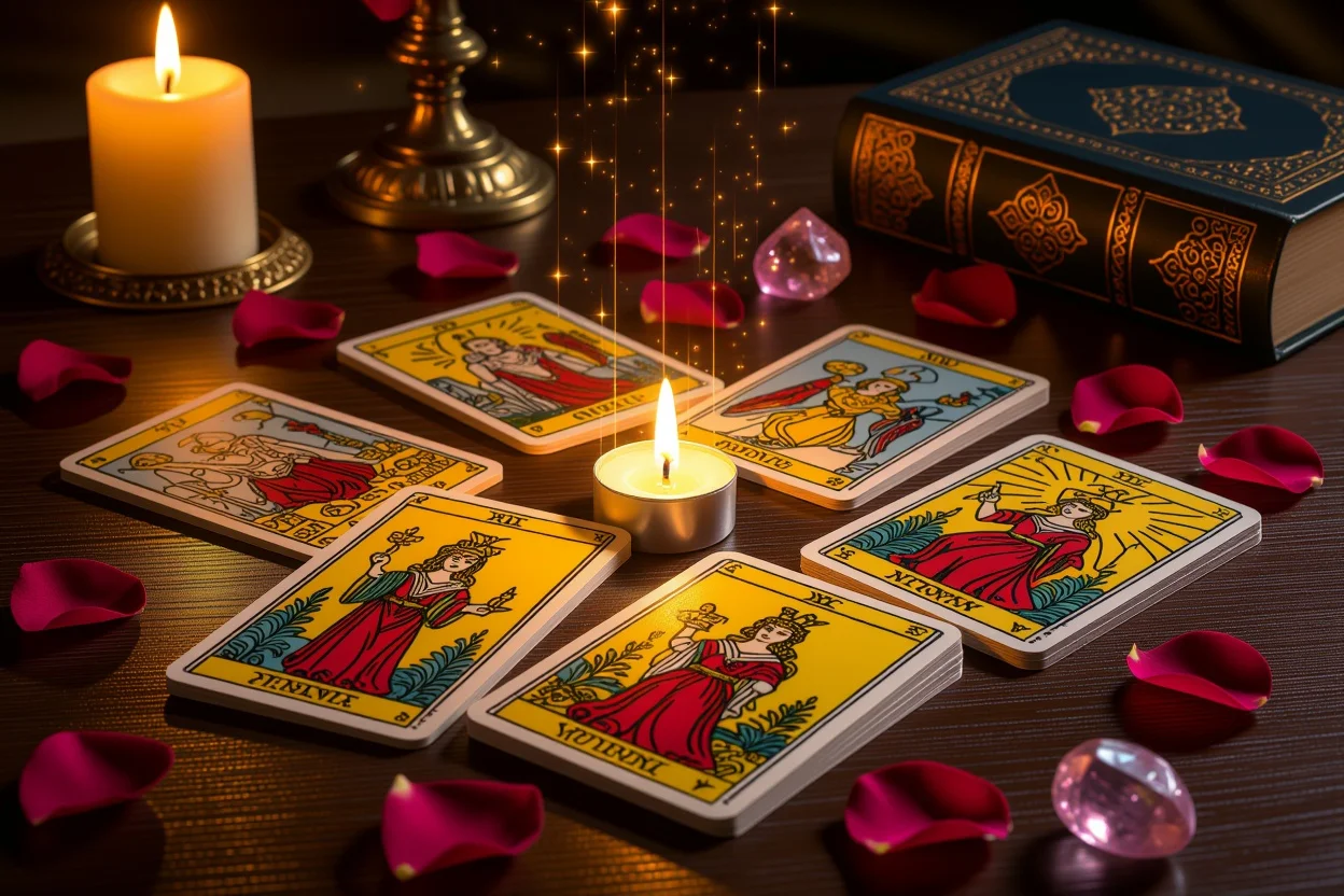 恋愛タロットカードの神秘的なリーディング風景、運命の愛を引き寄せる占い