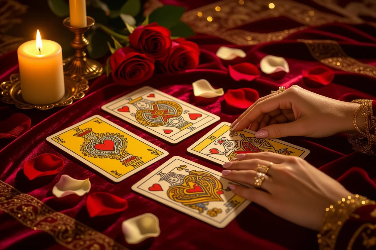 恋愛タロットカード占いの神秘的なシーン、カップのスートと愛のカードが美しく配置された画像