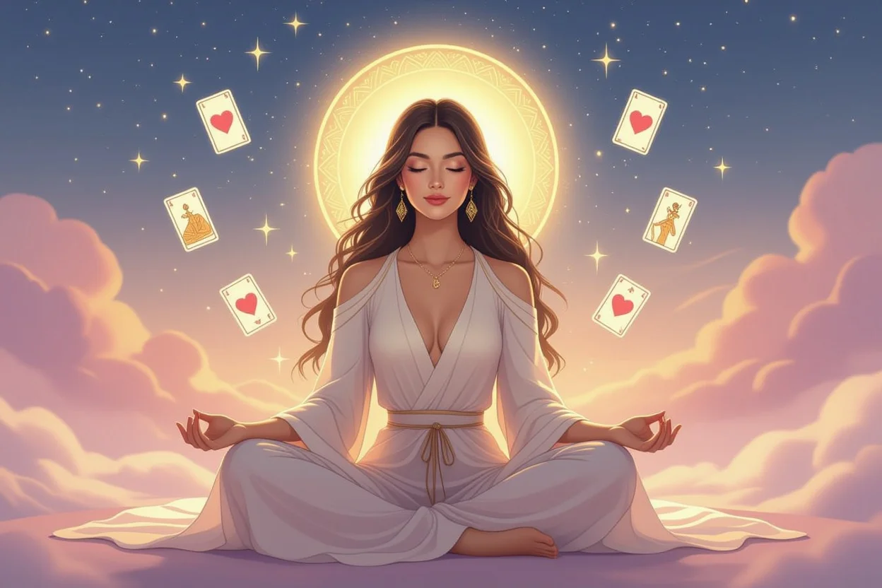 内面の美しさと現在の瞬間に集中する女性、恋愛における自己肯定感を表現した神秘的なイメージ