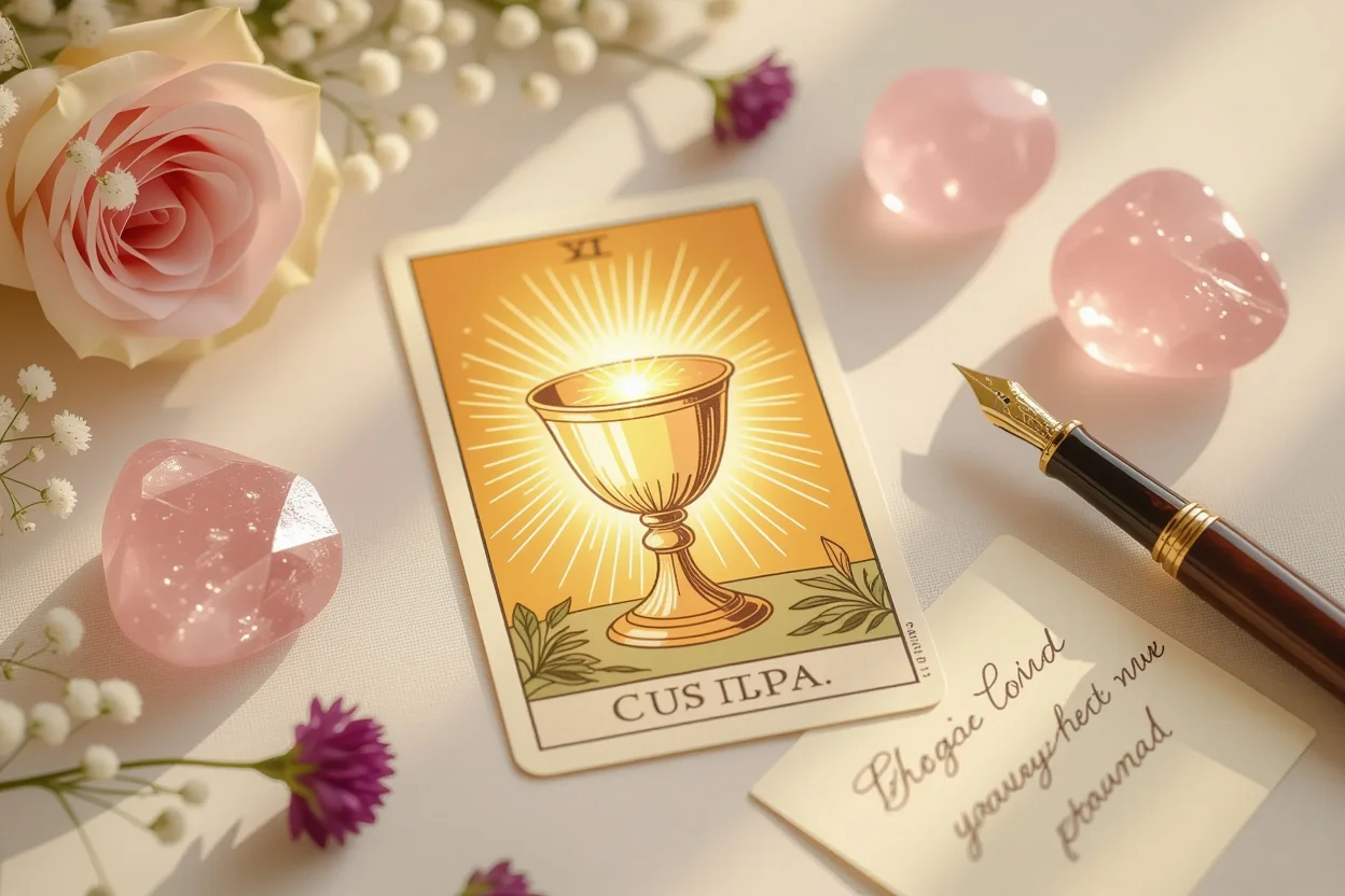 恋愛タロットの実践的活用法、カップカードと恋愛成就のためのアイテムを配置したフラットレイ