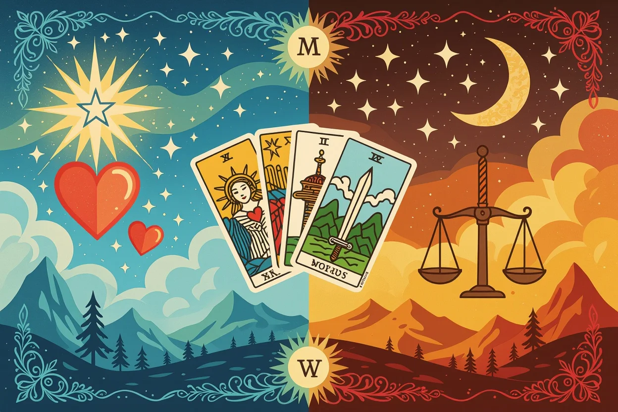 理想と現実の恋愛を表現したタロットカードアート