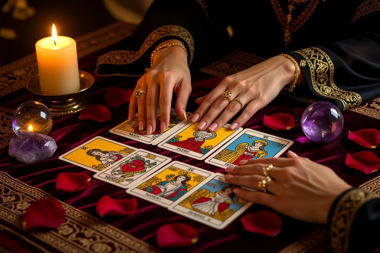 恋愛タロット占いのイメージ - タロットカードと蝋燭の神秘的な雰囲気