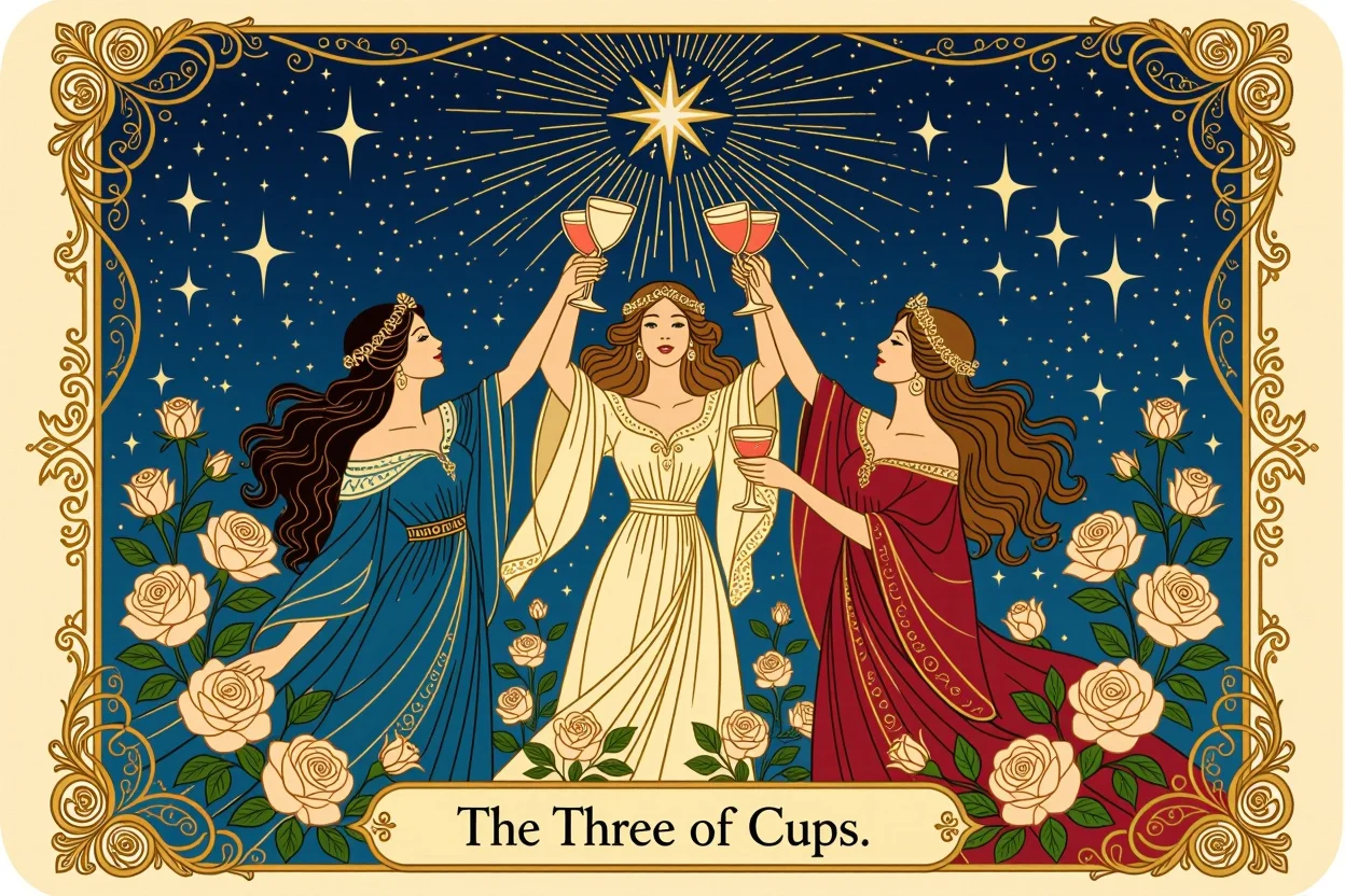 カップの3のタロットカード、愛と友情の祝福を表現した美しいイラスト