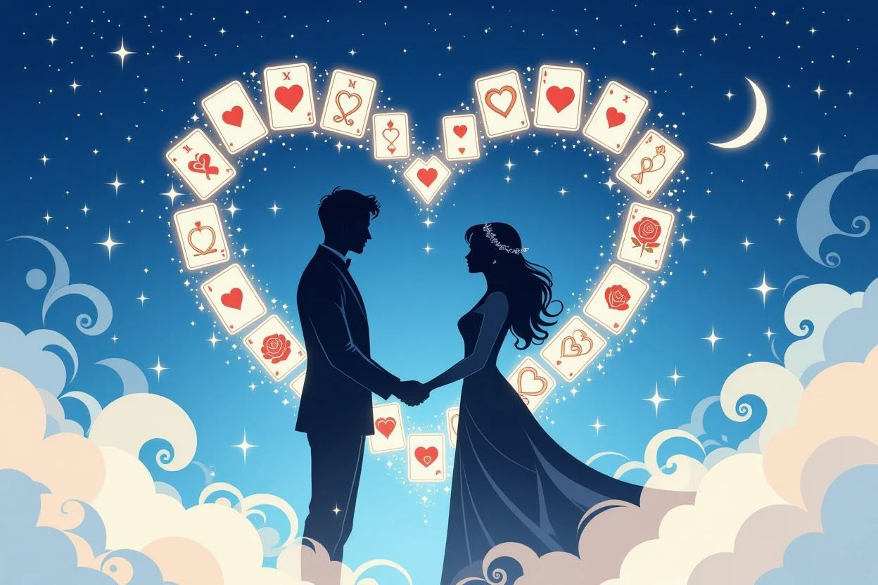 恋人たちとハート型に配置されたタロットカードの幻想的なシルエット