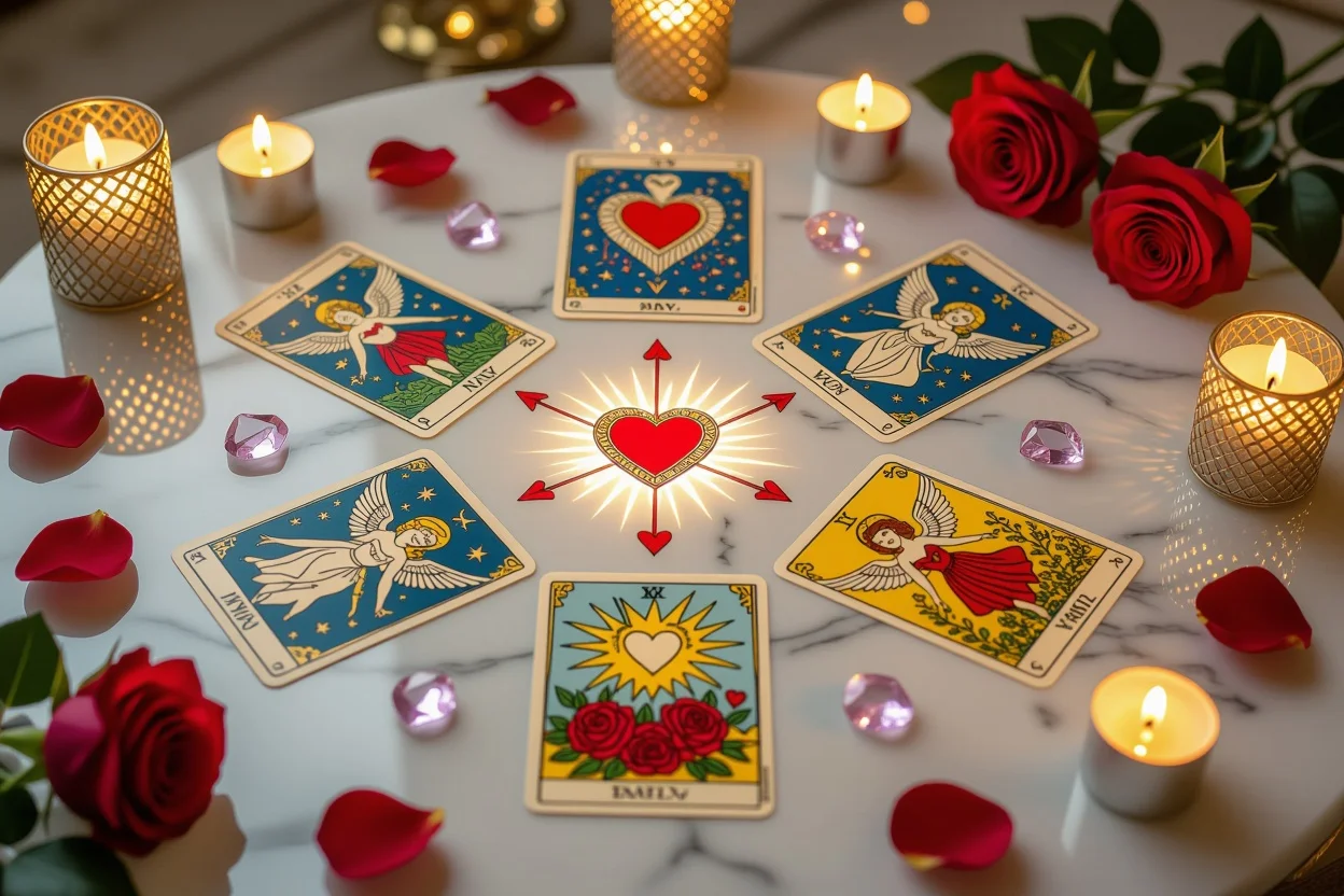ハート型に配置された恋愛タロットスプレッドの美しい占いレイアウト