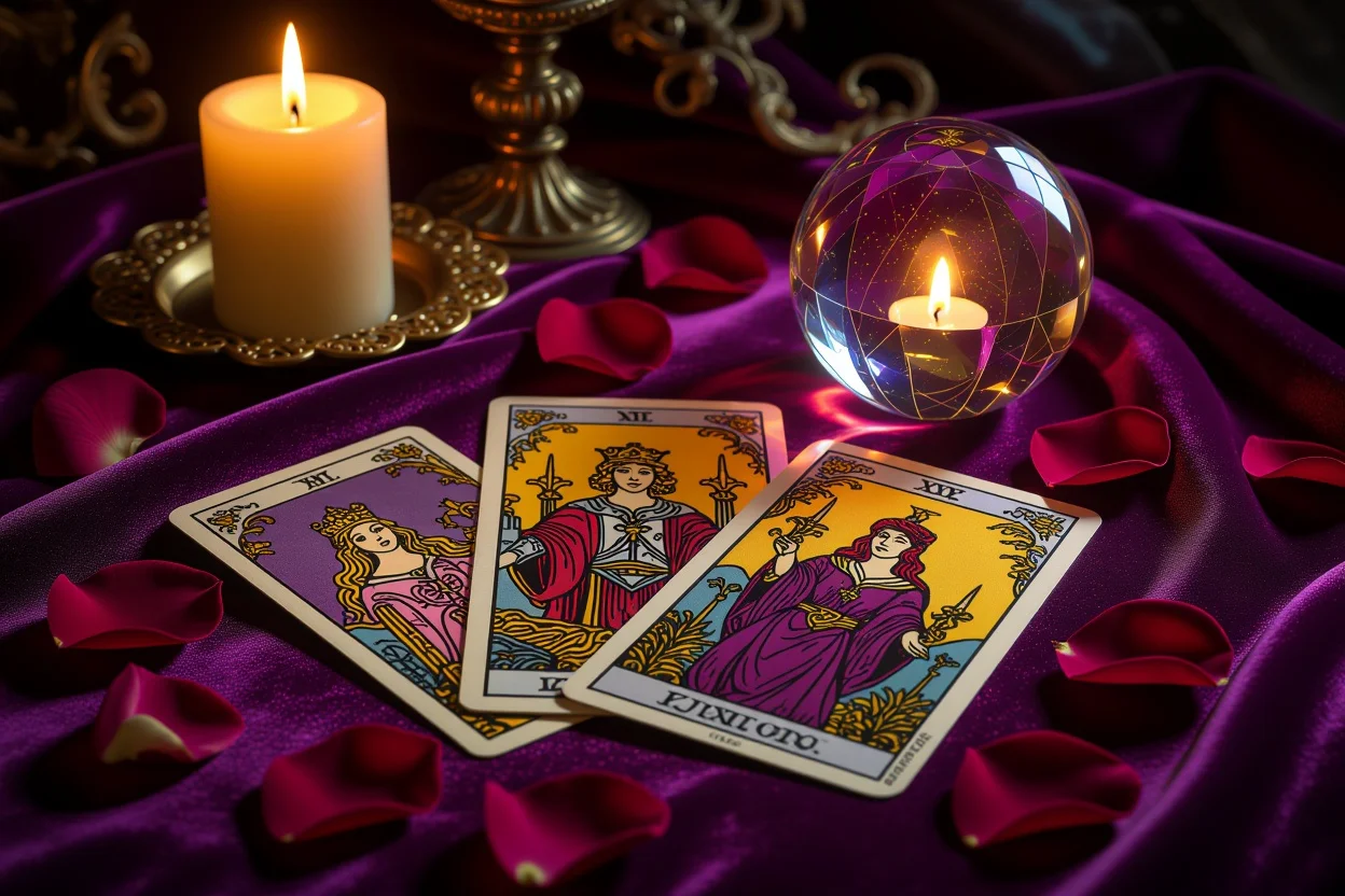 恋愛タロット占いのカードスプレッド、紫のベルベット布の上に配置されたタロットカード