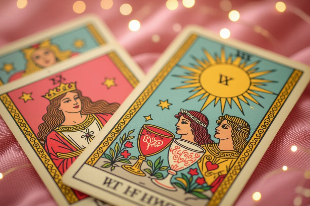 恋愛運を表すタロットカード、恋人のカードとカップのカードのクローズアップ