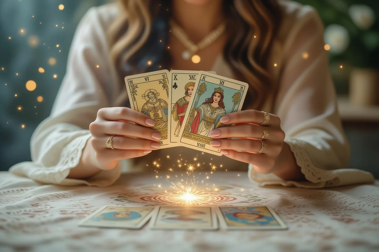 タロット占い師が恋愛運を占っている様子、神秘的な雰囲気の中でカードを持つ手