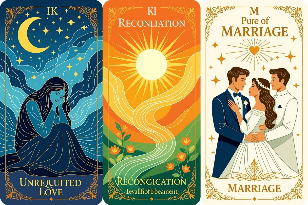 片思い・復縁・結婚を表現する3つのタロットカード配置、それぞれ異なる恋愛の段階を象徴