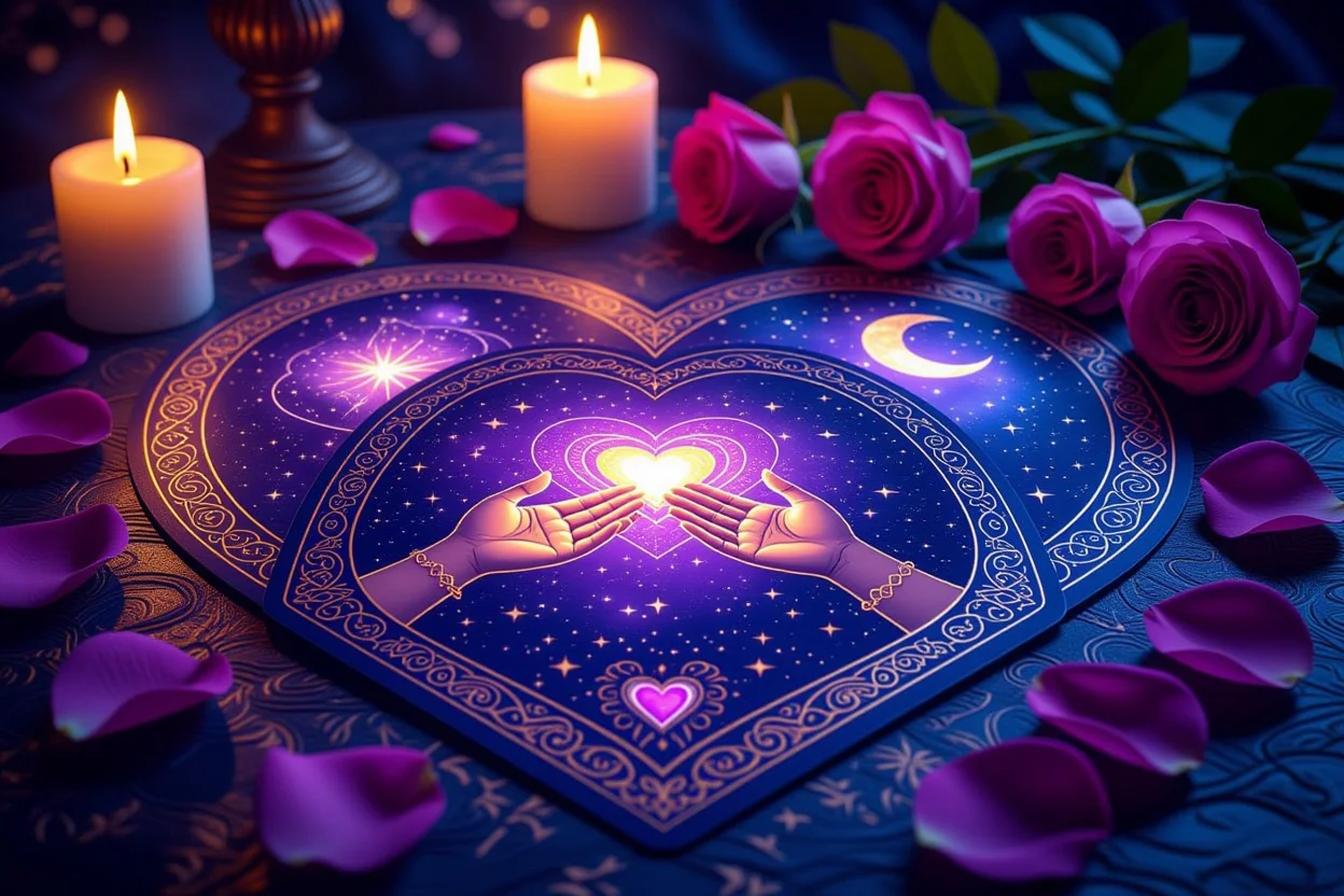 恋愛タロット占いのカードスプレッド、ロマンチックな雰囲気の中で並べられたタロットカード