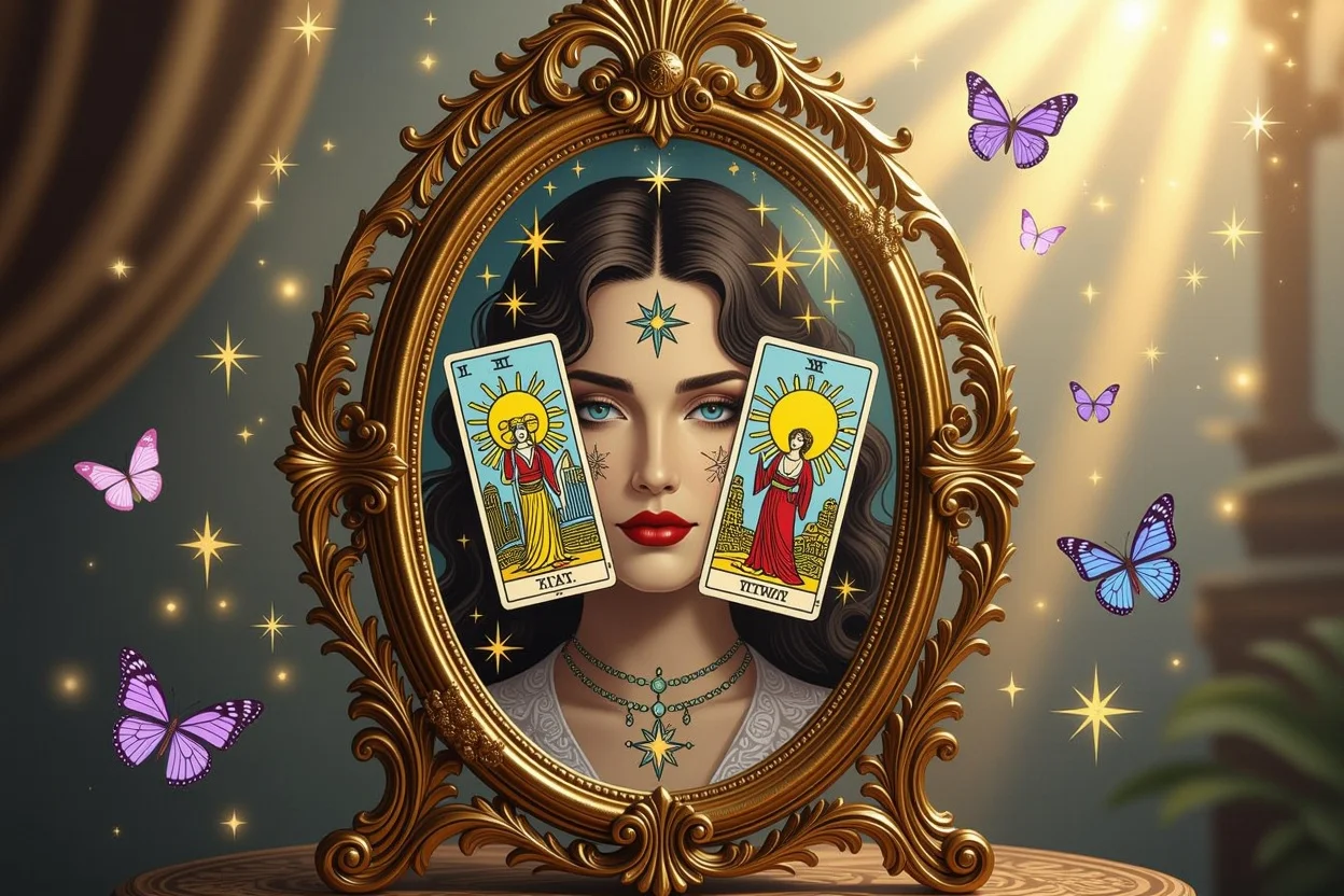 深層心理を映す鏡とタロットカード、自己洞察と内なる真実を表現した神秘的なイメージ