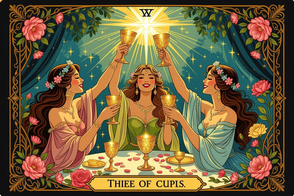 カップの3のタロットカード、祝福と調和を象徴する美しいイラスト
