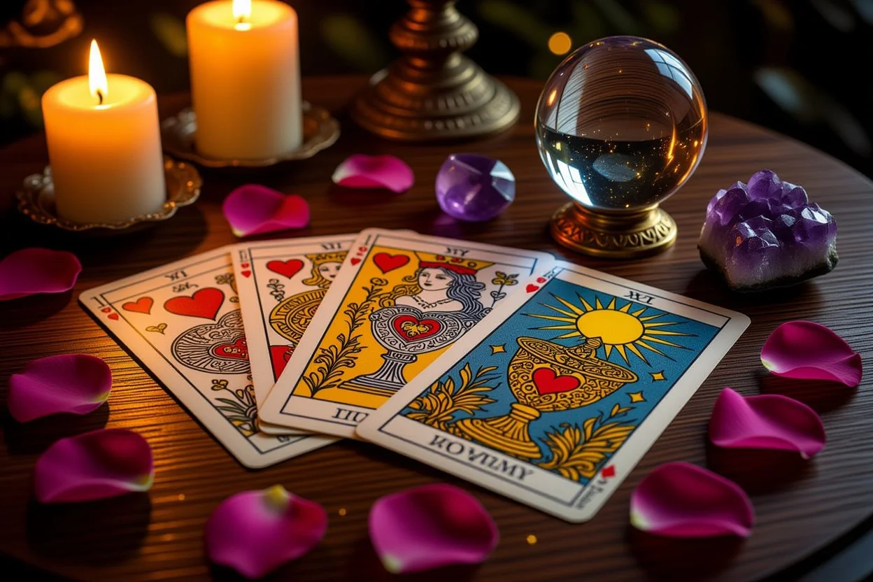 恋愛タロット占いのカップスートのカードが並べられた神秘的なテーブル