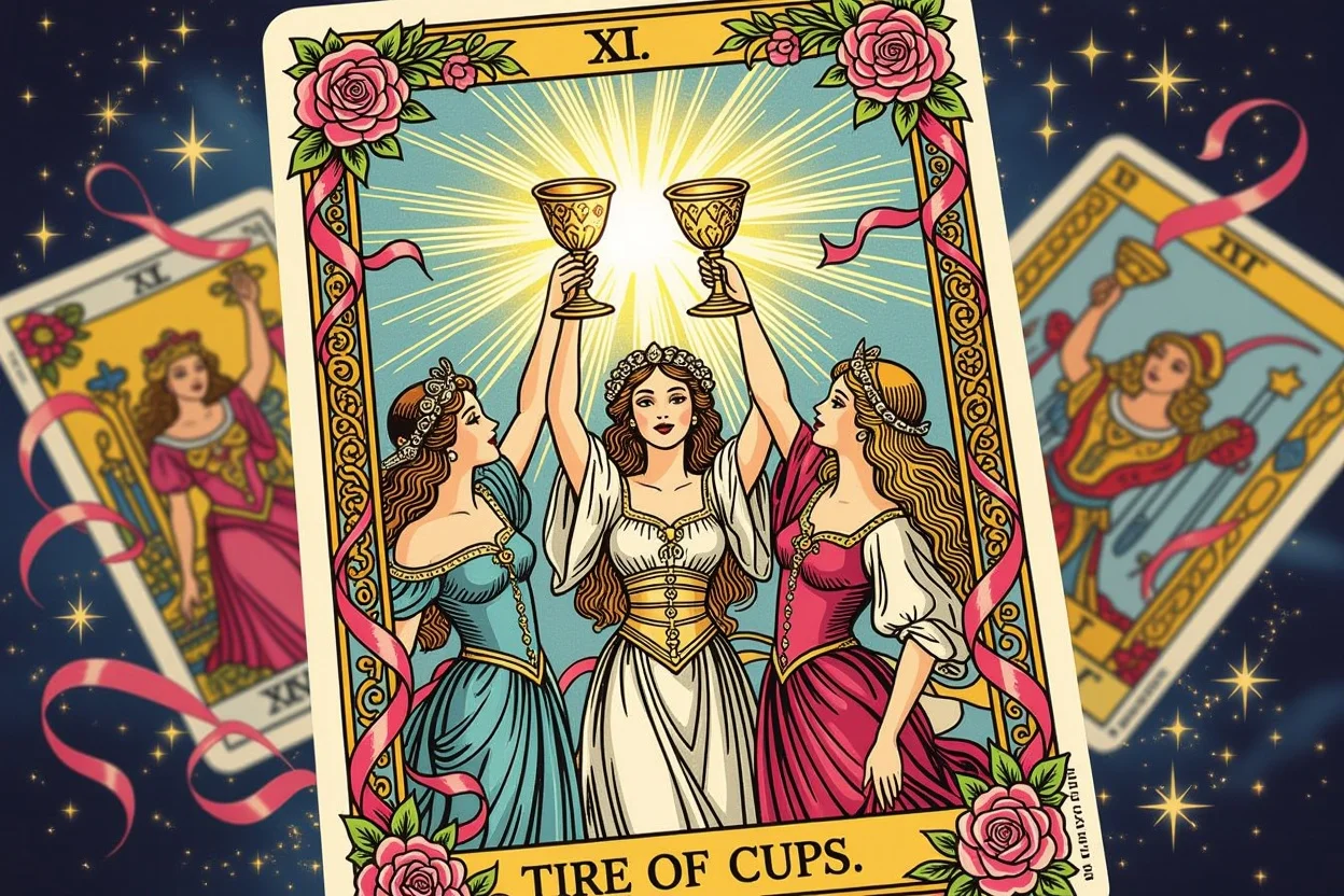 カップの3のタロットカードの詳細画像、恋愛関係の深い絆を表現