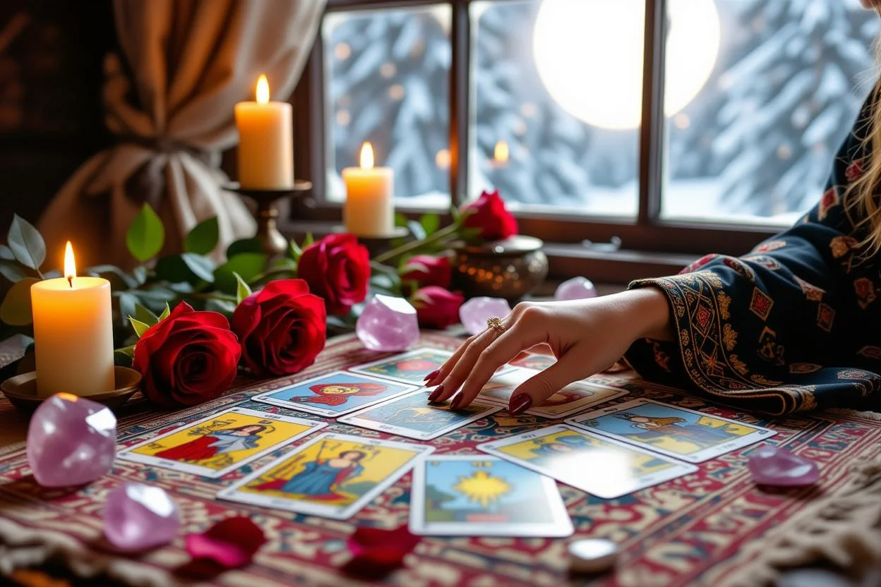 恋愛タロット占いの相談シーン、カードリーディングの神秘的な雰囲気