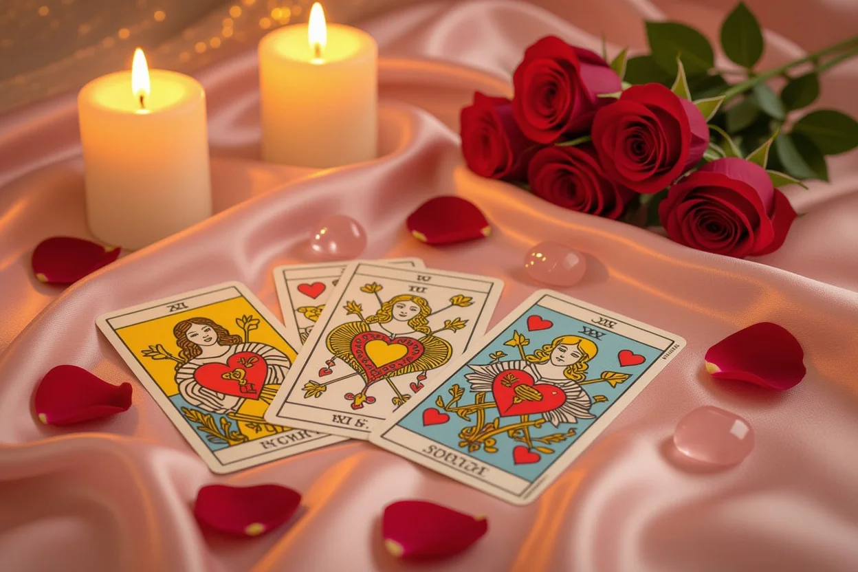 恋愛タロットカードの美しいスプレッド、ピンクの布の上にキャンドルとバラの花びら