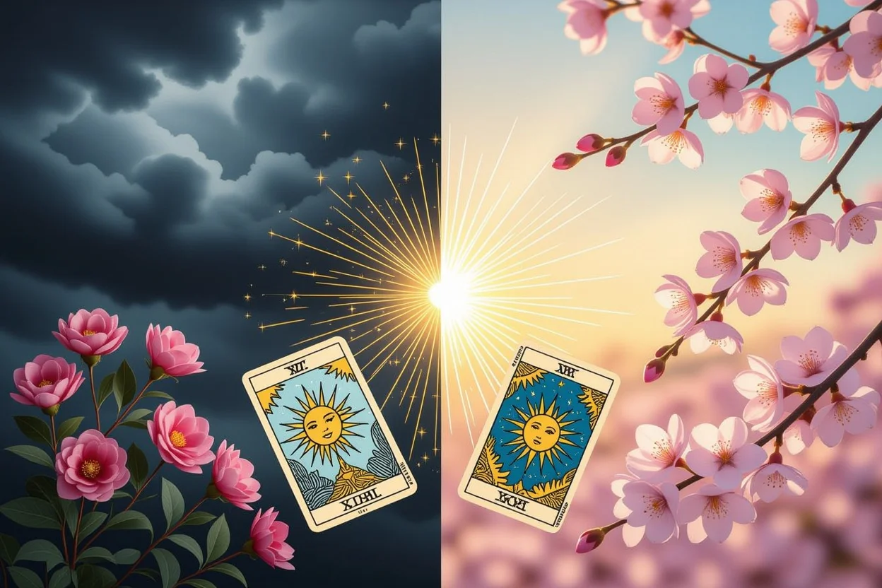 不安から希望への変化を表現するタロットカードと光の芸術的イメージ