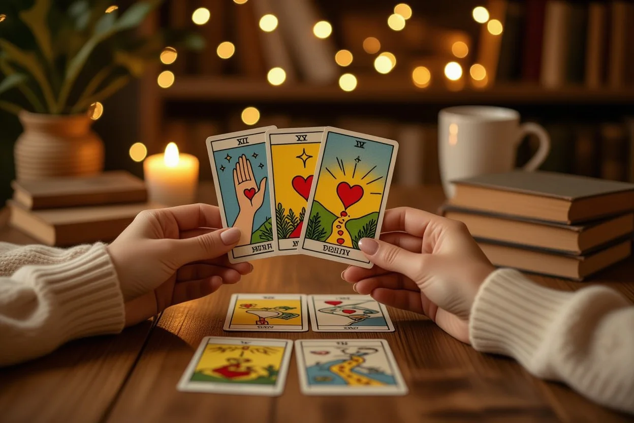 恋愛関係の悩みを解決するタロットカード鑑定の温かいシーン