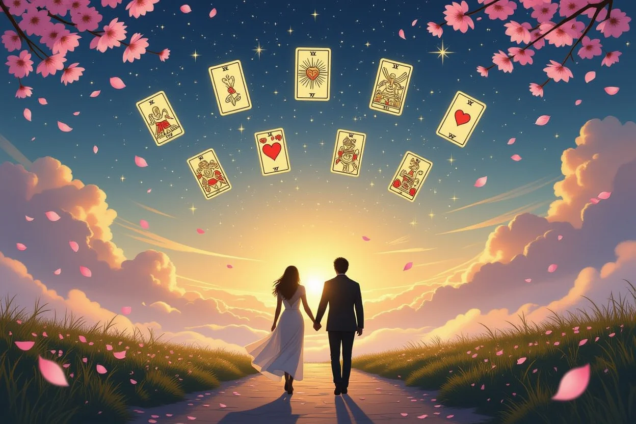 タロットの導きで明るい未来へ向かうカップルの希望に満ちたイメージ