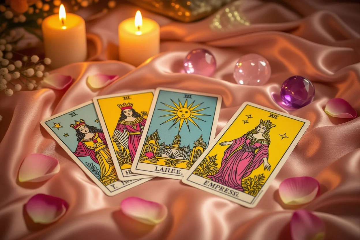 恋愛タロットカードと薔薇の花びらが美しく配置された神秘的な占いシーン