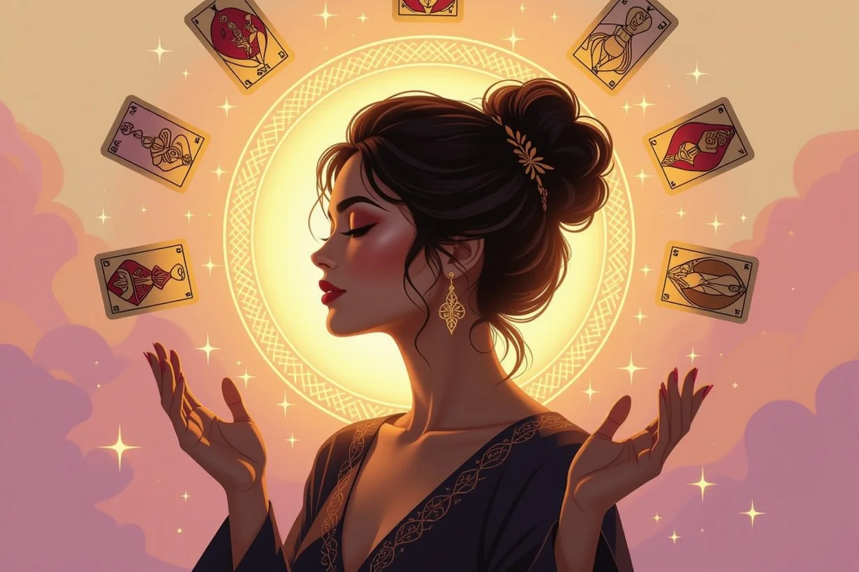 タロットカードに囲まれた女性のシルエットと内なる魅力を表現した神秘的なイラスト