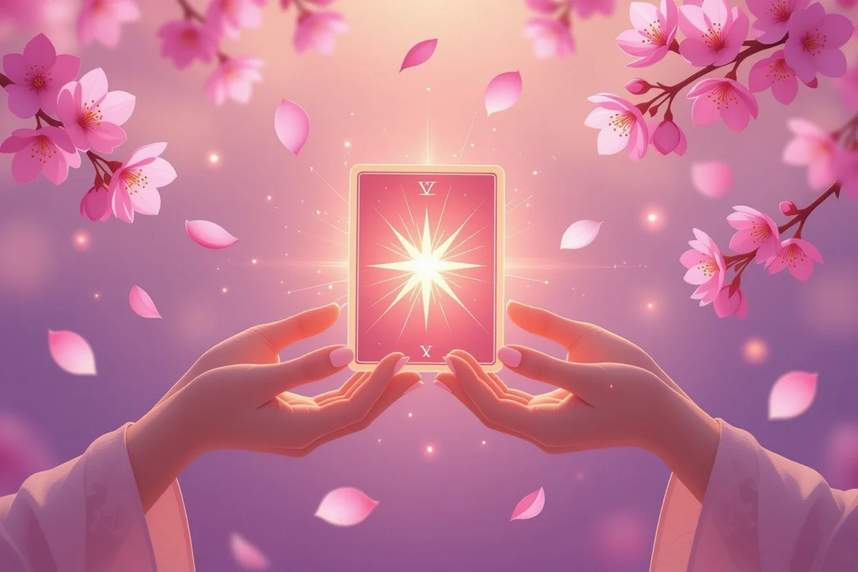 光る星のタロットカードを持つ手と愛のエネルギーを表現した美しい占いイメージ