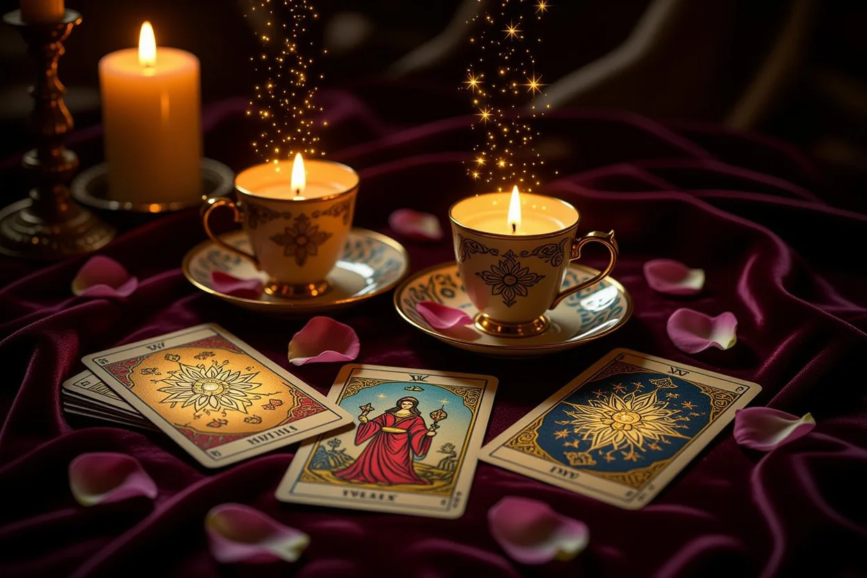 恋愛タロット占いの神秘的なカードリーディングシーン