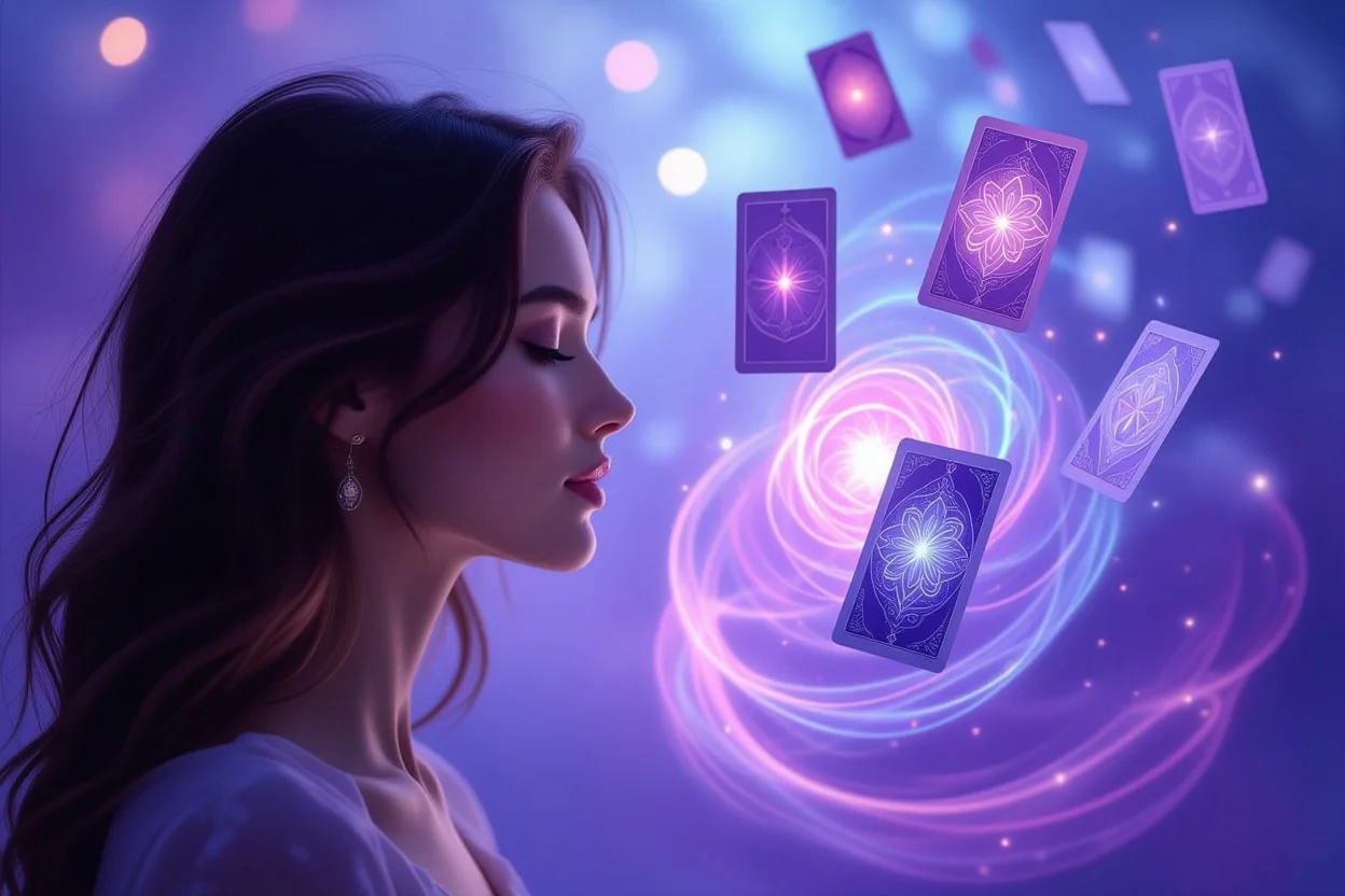 心の声に耳を澄ませる女性とタロットカードの鏡のような反射
