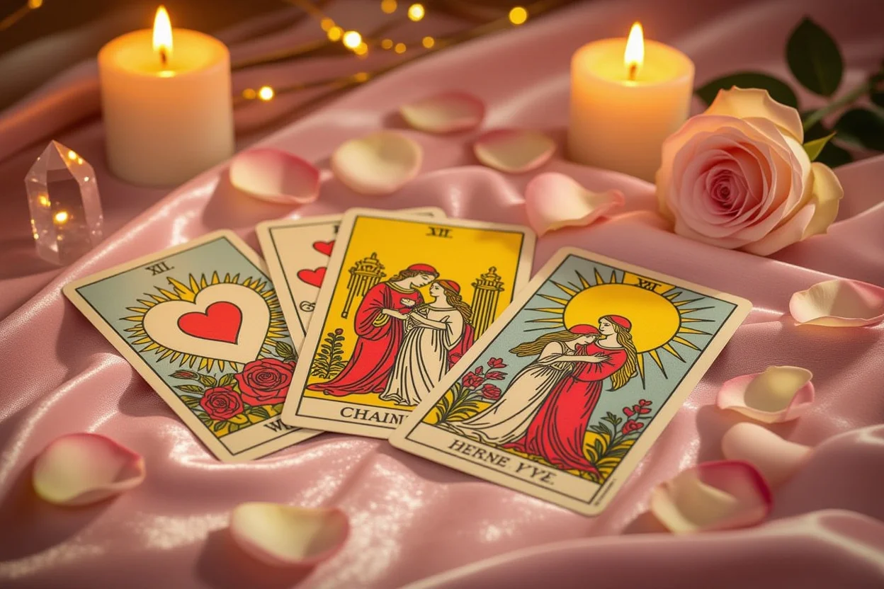 恋愛タロットカードの美しいスプレッド、ろうそくの光とバラの花びらに囲まれた神秘的な雰囲気