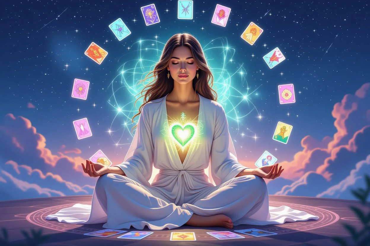 瞑想する女性とタロットカード、内なる声に耳を傾ける自己対話のイメージ