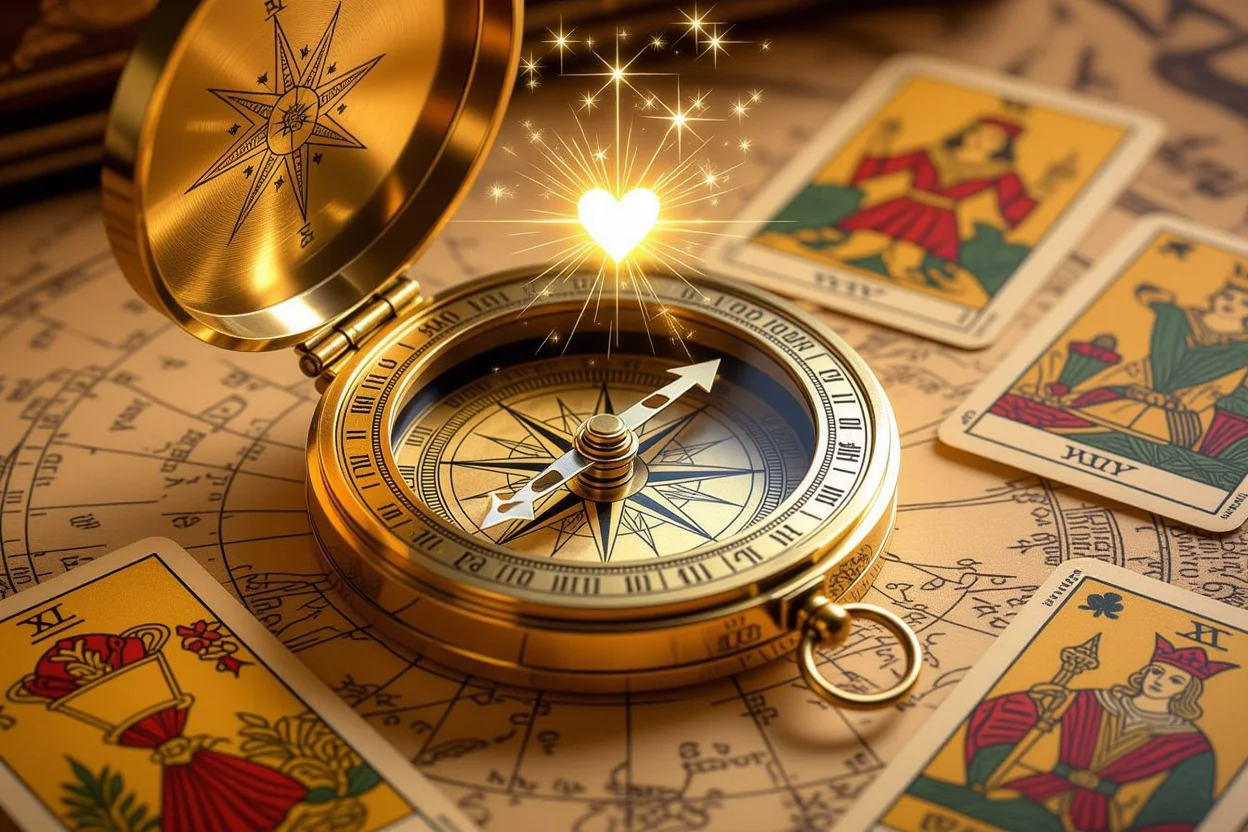 心の羅針盤を表現する神秘的なコンパスとタロットカード、恋愛の方向性を示すイメージ
