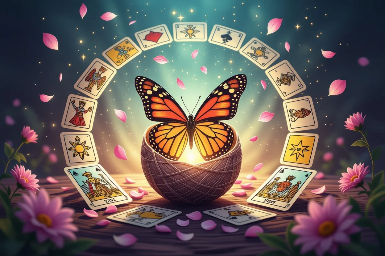 タロットカードに囲まれた蝶の変容、恋愛における自己成長と変化を表現