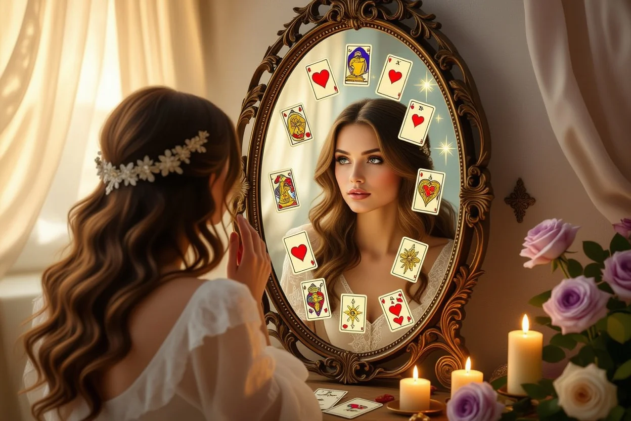 恋愛タロットで自分の深層心理を映し出す神秘的な鏡のイメージ