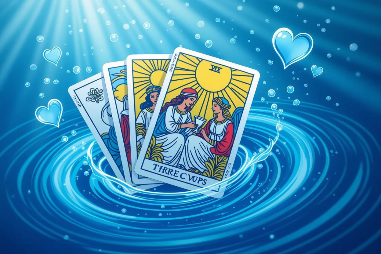 カップスートのタロットカードと感情の波を表現した恋愛占いイメージ